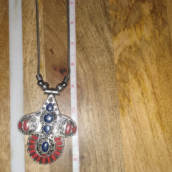 Silver Pendant Necklace with Blue & Coral Red Accents NEW - Picture 8 of 14